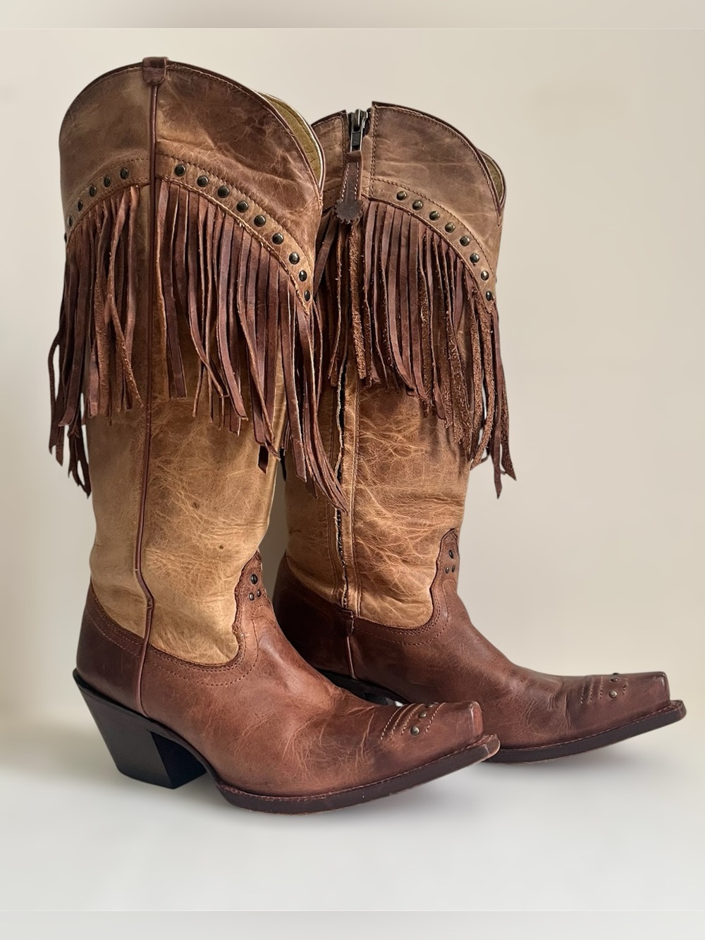 VTG Tony Lama Vaquero Fringe Western Brown Leather Boots 6IB Mosto Tucson Mexico